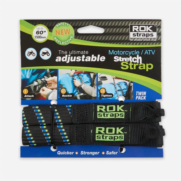 ROK 056 Motorcycle Adjustable Stretch Strap Black/Blue/Green Reflect [2 Pack]