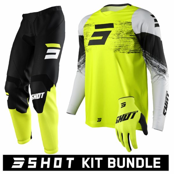 Shot RAW Burst Neon Yellow Kit Bundle (Jersey: Small, Pants: 32" Waist, Gloves: Not included)