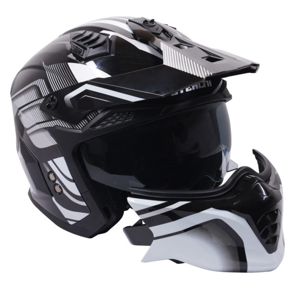 Stealth Fighter Multi Function Motorcycle Full & Open Face Helmet Graphic Orbit Black & Silver Gloss  Large - Image 11