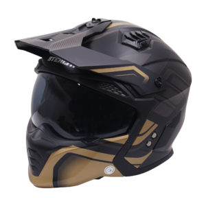 Stealth Fighter Multi Function Motorcycle Full & Open Face Helmet Graphic Orbit Black & Gold Matt Large
