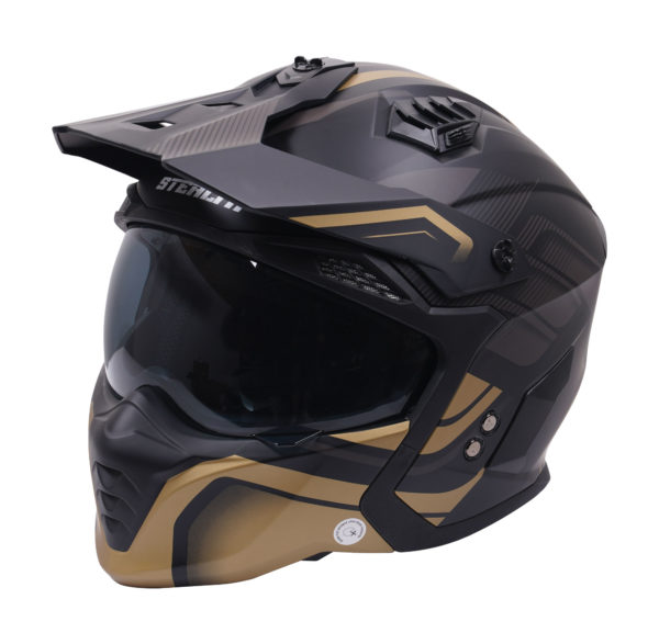 Stealth Fighter Multi Function Motorcycle Full & Open Face Helmet Graphic Orbit Black & Gold Matt Large