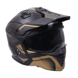 Stealth Fighter Multi Function Motorcycle Full & Open Face Helmet Graphic Orbit Black & Gold Matt Large