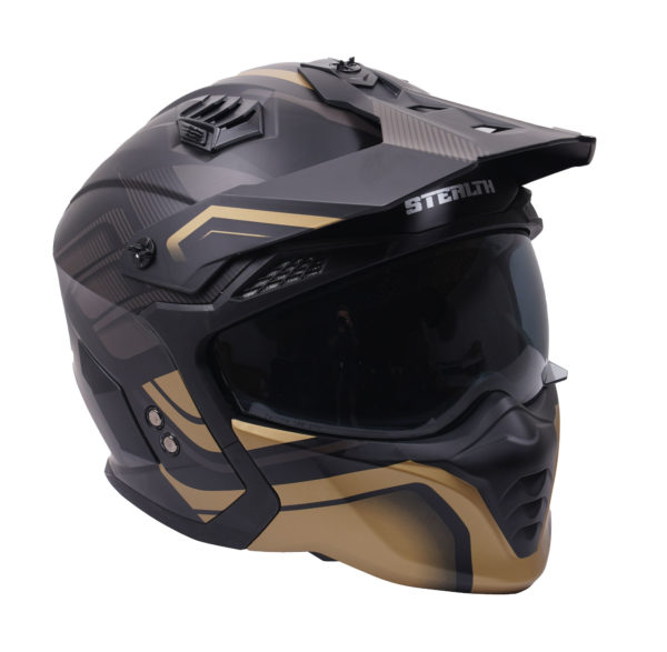 Stealth Fighter Multi Function Motorcycle Full & Open Face Helmet Graphic Orbit Black & Gold Matt Large - Image 2