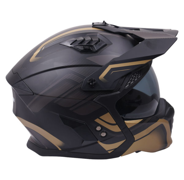 Stealth Fighter Multi Function Motorcycle Full & Open Face Helmet Graphic Orbit Black & Gold Matt Large - Image 3