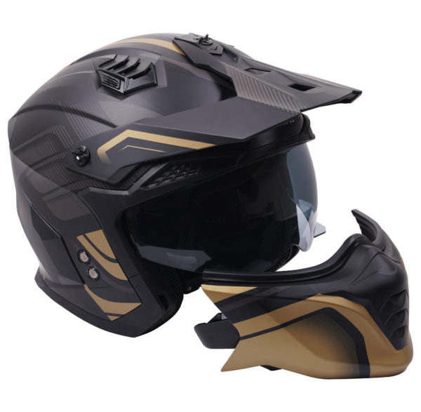 Stealth Fighter Multi Function Motorcycle Full & Open Face Helmet Graphic Orbit Black & Gold Matt Large - Image 11